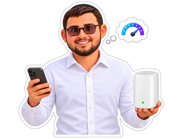 Agent holding a phone and a green-lit white router, thinking of a speedometer